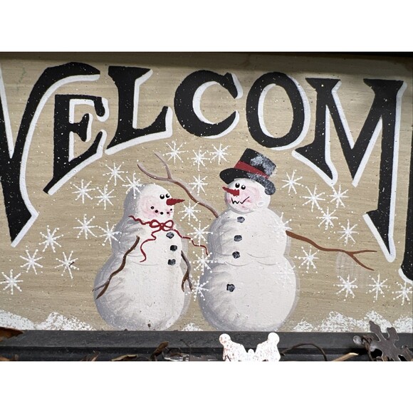 Christmas Holiday Winter Welcome Sign Snowmen , Twig Wreath W/ Metal Snowflakes - Picture 2 of 5